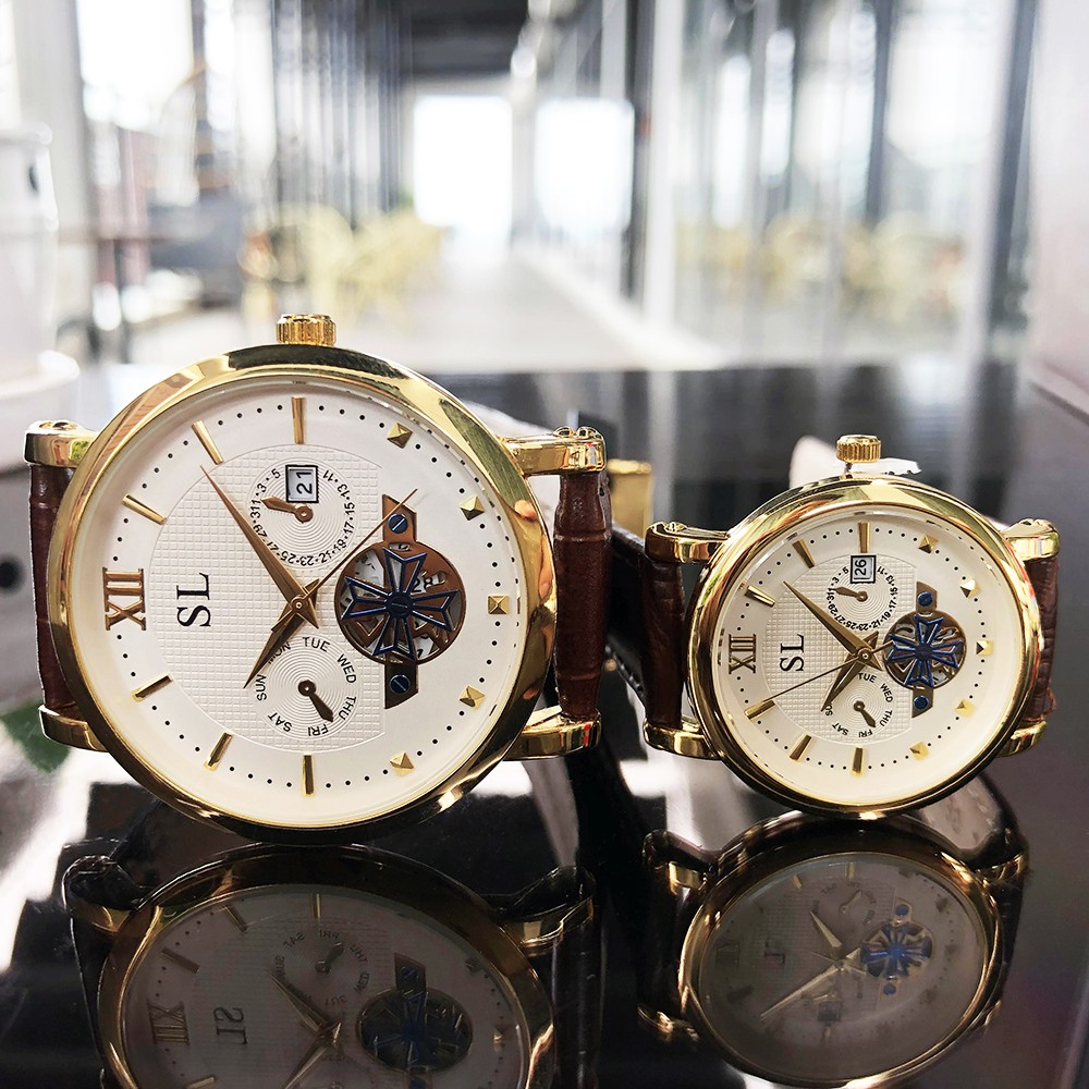 Đồng hồ Đôi SL 5283, Dây da cao cấp, Full hộp, Mặt Sapphire chống xước, chống nước, Thẻ bảo hành 3 năm