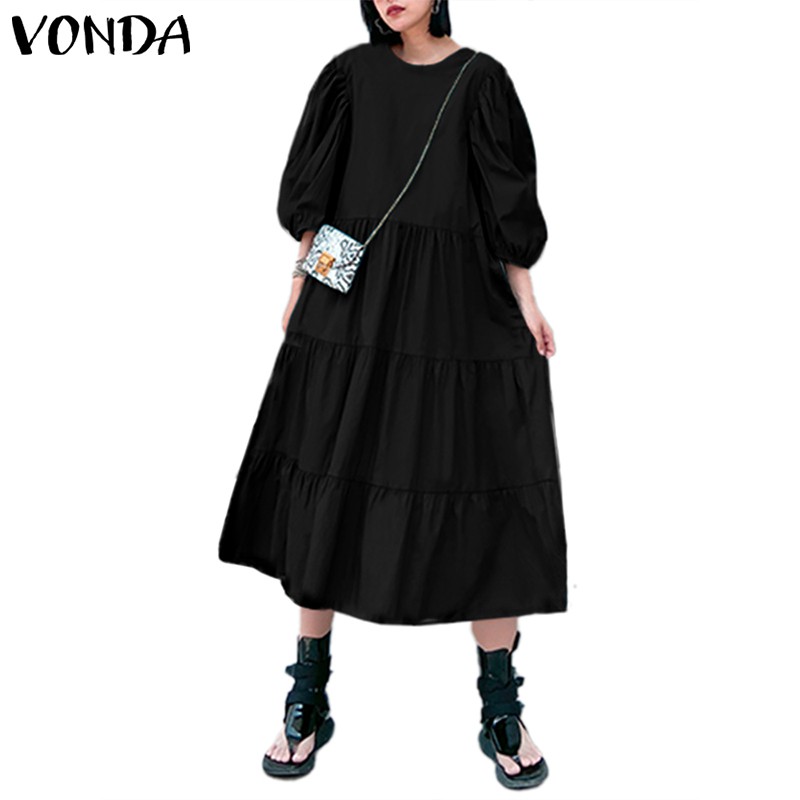 Đầm dáng dài rộng cổ tròn tay 3 / 4 thời trang nữ