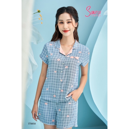Bộ đồ nữ mặc nhà lanh SUNFLY áo cộc tay, quần sooc ST8858
