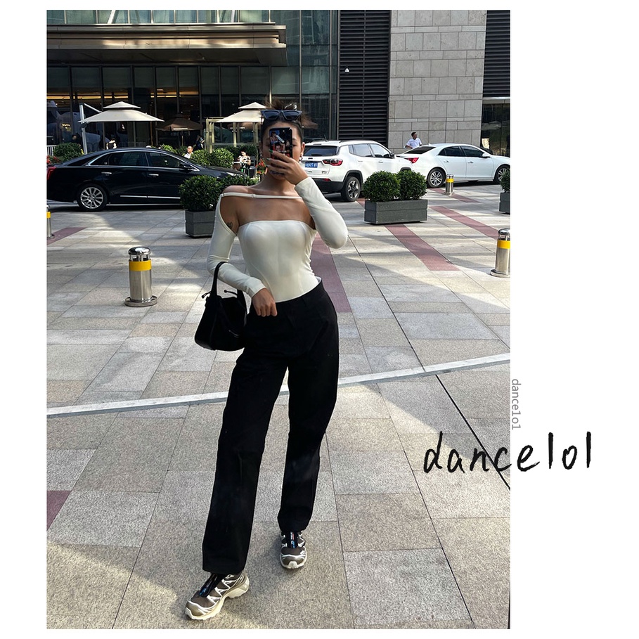 Quần dài lưng thấp in số và chữ phối màu phong cách cá tính thời trang cho nữ