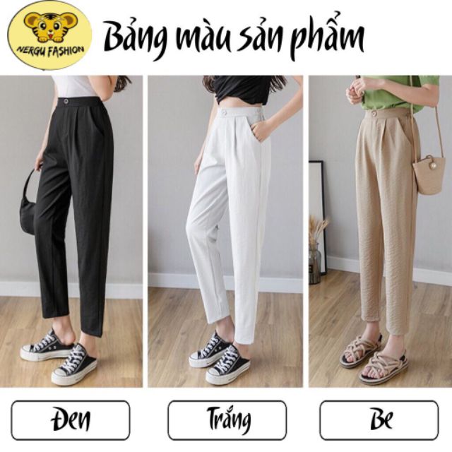 Quần Baggy Nữ Vải Đũi Lưng Thun Giả Cúc