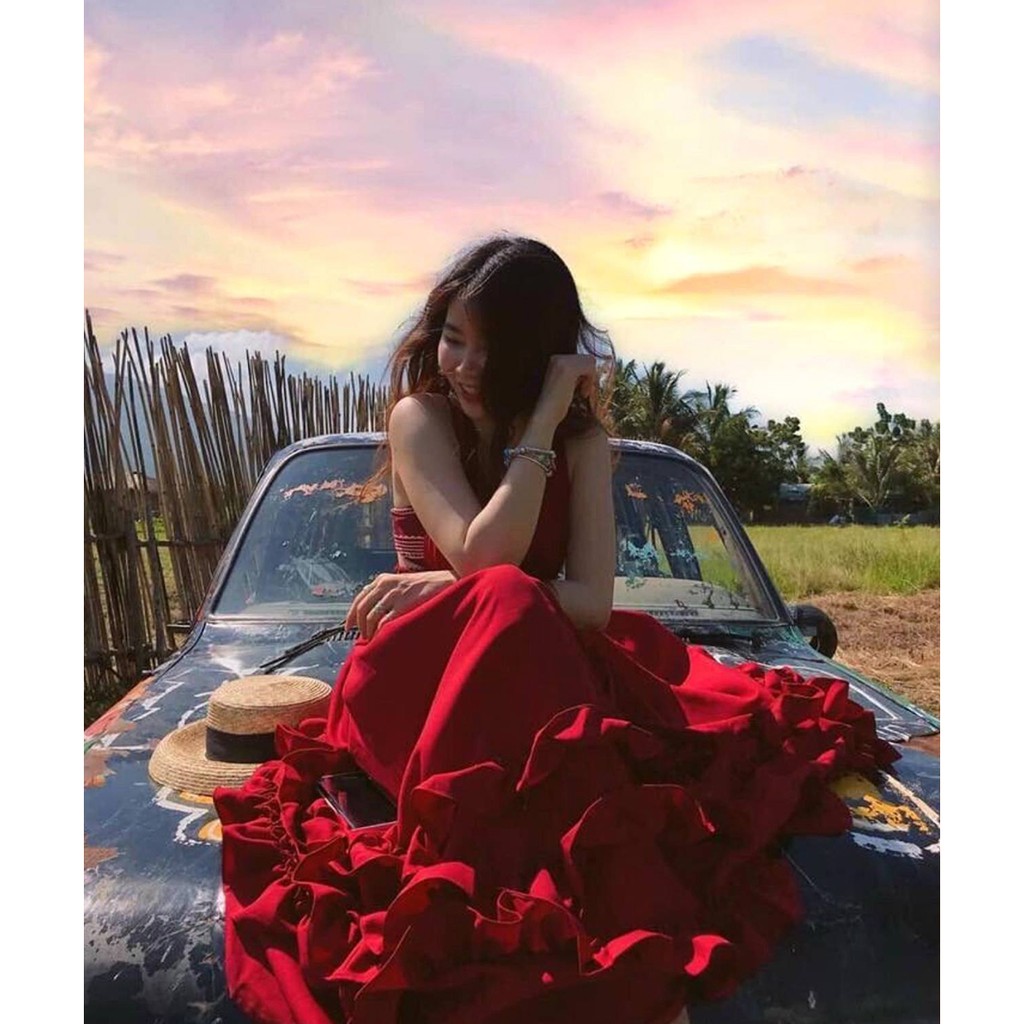 Đầm maxi đi biển dã ngoại nhíu tầng hở lưng sống ảo xinh đẹp | BigBuy360 - bigbuy360.vn