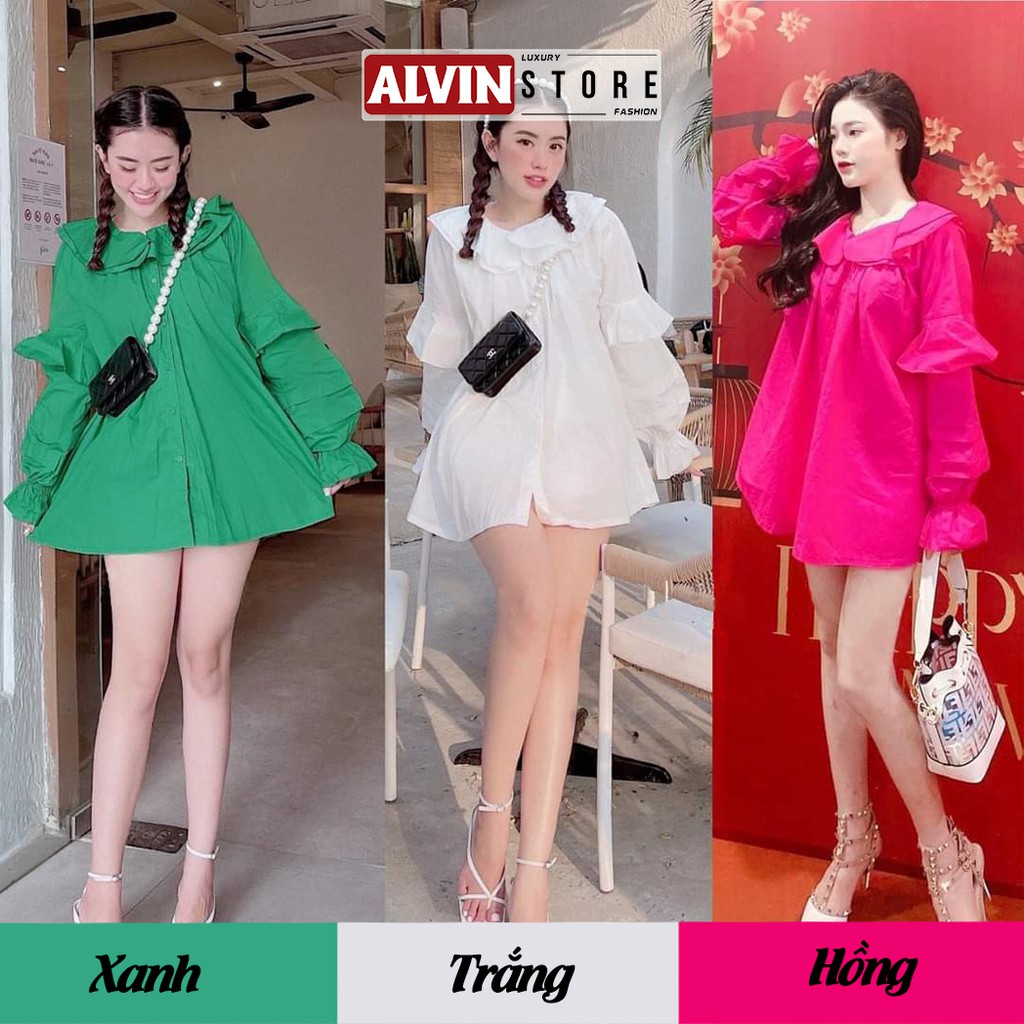 Áo Babydoll Nữ tay dài cổ bèo tầng AlvinStore thiết kế kiểu áo tiểu thư tay phồng bánh bèo 12001