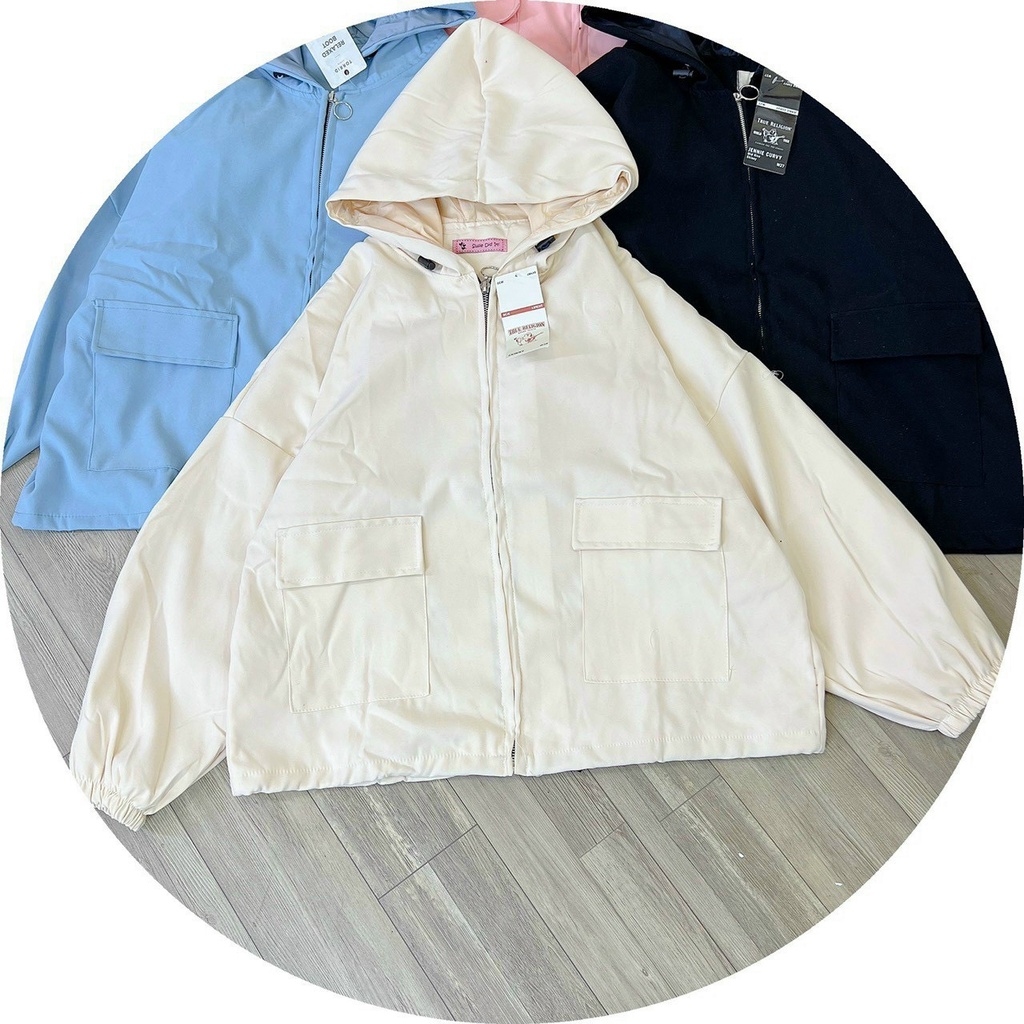 Áo Khoác Nữ Trơn Basic Kiểu 2 Túi Vuông- Chất Da Lộn 2 Lớp Lót Dù - Có Nón Mũ , Khóa Kéo Zip - Chống Nắng Thu Đông
