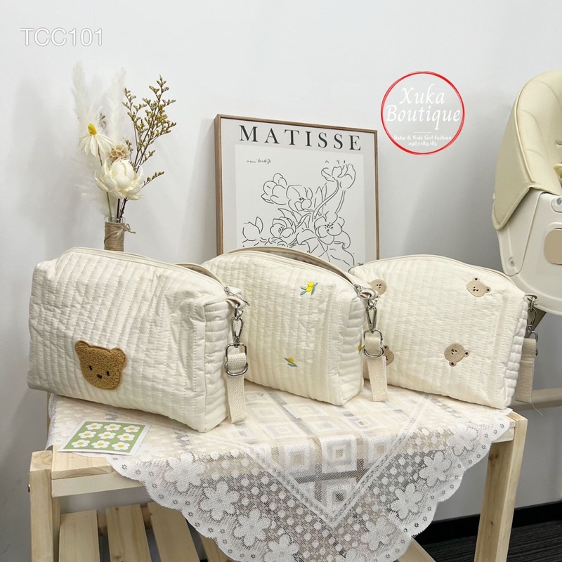 Túi Xách Bỉm Sữa Hàn Quốc Thêu Gấu Thỏ Cho Mẹ Và Bé Size 26*19*10cm KaMiMi Cao Cấp