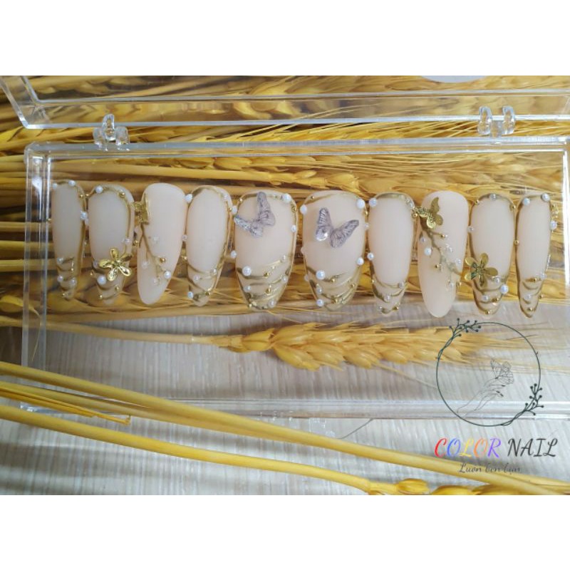 Nail box - Móng up thiết kế : Hoa mạ vàng