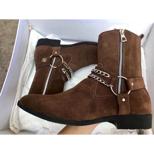 [2 màu] Harness Boots, da lộn, móc xích