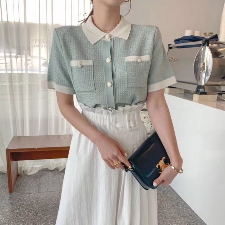 Áo Sơ Mi Lụa Dệt Kim Tay Lửng Dáng Rộng Màu Sắc Tương Phản Thời Trang Mùa Hè Dành Cho Nữ