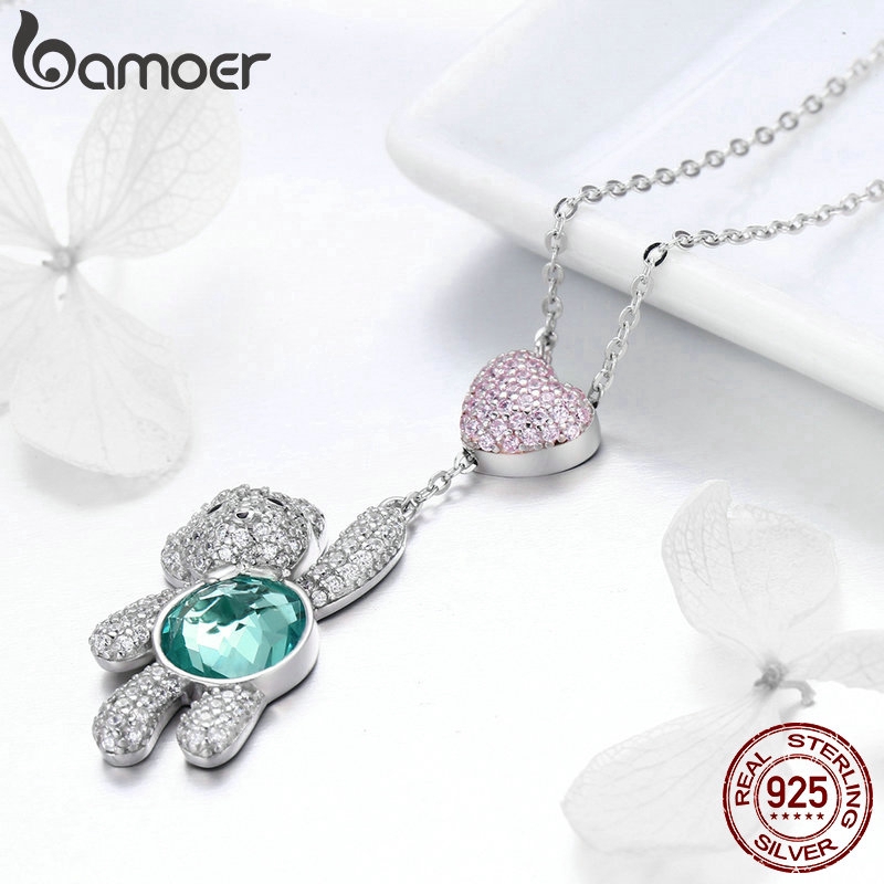 Vòng cổ bạc 925 BAMOER mặt hình gấu hồng dễ thương dành cho nữ