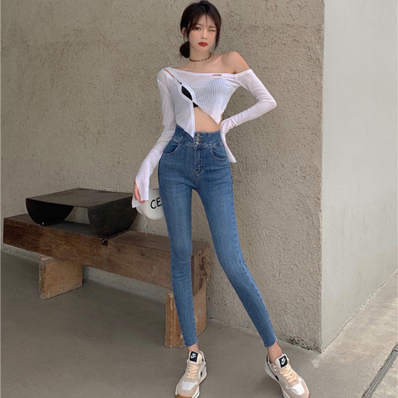 Quần Skinny Jeans lưng cao kiểu dáng đơn giản thời trang dành cho nữ