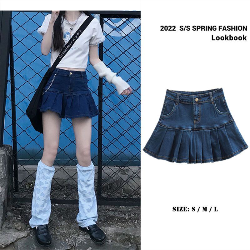 Chân Váy Denim Chữ a Lưng Cao Xếp Ly Thời Trang Xuân Hè Phong Cách Hàn Quốc Y2k