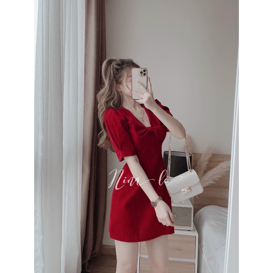 Đầm Đỏ Nữ, Váy Nữ Cổ V Xoắn Ngực Tay Phồng Ngắn Đầm Dáng A Chất Nhung Mềm Mịn Thời Trang Chanh Xả Phong Cách Đơn Giản, K | BigBuy360 - bigbuy360.vn