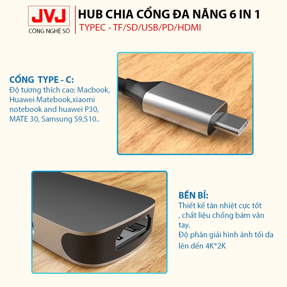 Hub type C JVJ C6 Plus 6 trong 1 cổng chuyển đổi chia cổng Type-C sang USB 3.0 SD, USB 2.0, Type C, TF, 4K HDMI