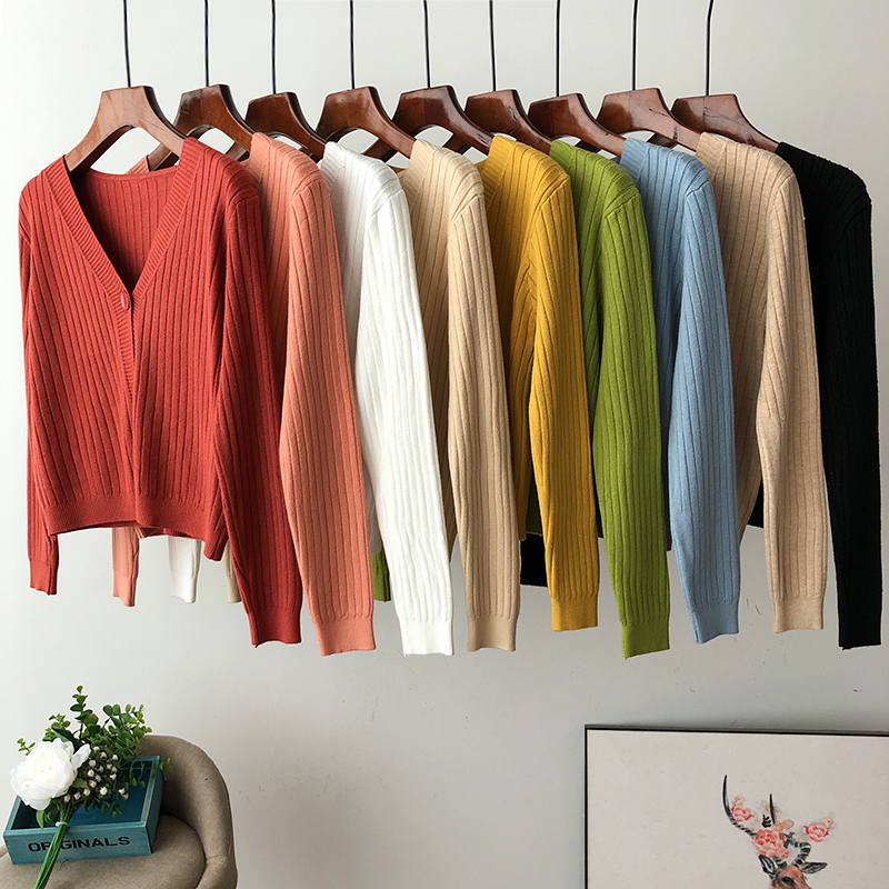 SUXI Áo Cardigan Dệt Kim Dài Tay Cổ Chữ V Màu Trơn Phong Cách Hàn Quốc