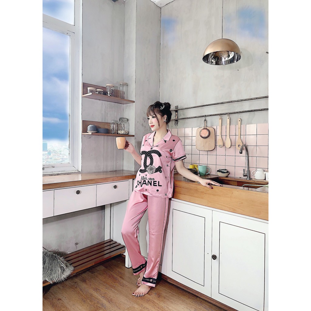 Bộ ngủ lụa in 3D cao cấp tay cộc quần dài