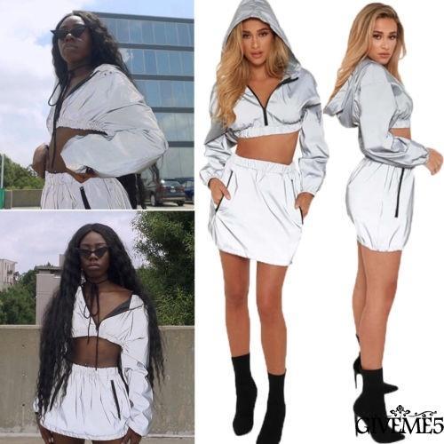 Áo croptop / Chân váy thể thao dài tay màu phản quang cá tính cho nữ