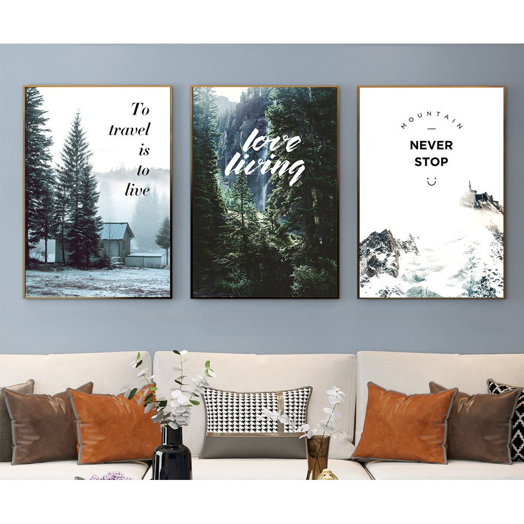 Combo Set 3 Bộ Bức Tranh Treo Tường Canvas Rừng Cây Thông Tuyết Trắng Bắc Âu Động Lực Never Stop Love Living - MELYHOME