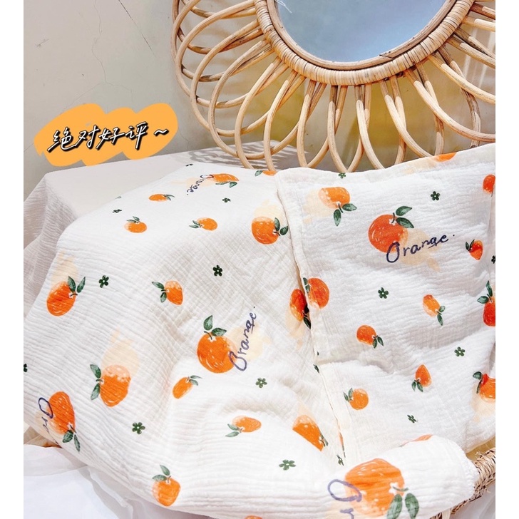 vải xô muslin 2 lớp cao cấp hàng loại 1 hình quả cam có lá may đồ cho bé siêu mềm và thấm hút