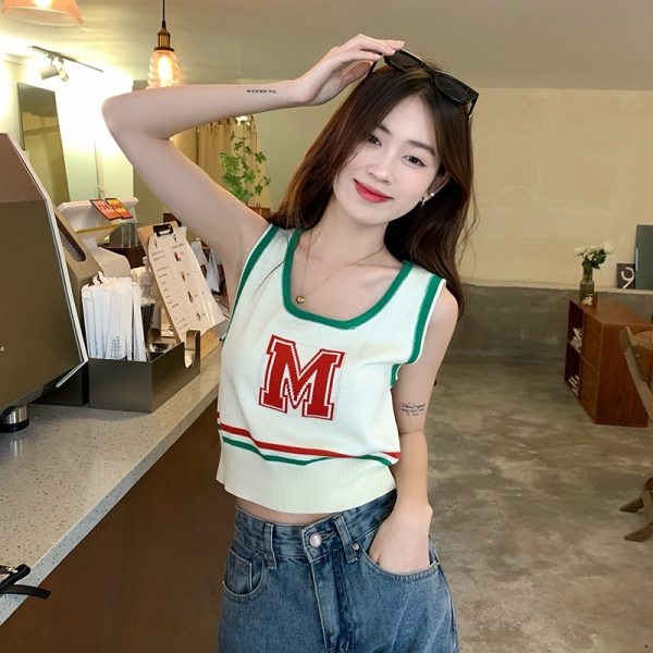 Áo Dệt Kim Sát Nách Thêu Chữ Phối Màu Tương Phản Kiểu Retro Thời Trang