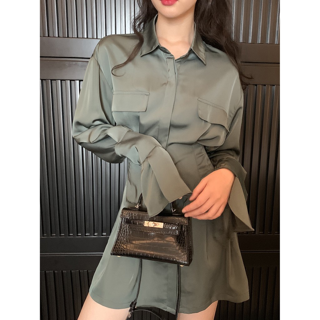 Đầm Sơ Mi,Váy Sơ Mi Thắt Eo Phong Cách Pháp Cho Nữ