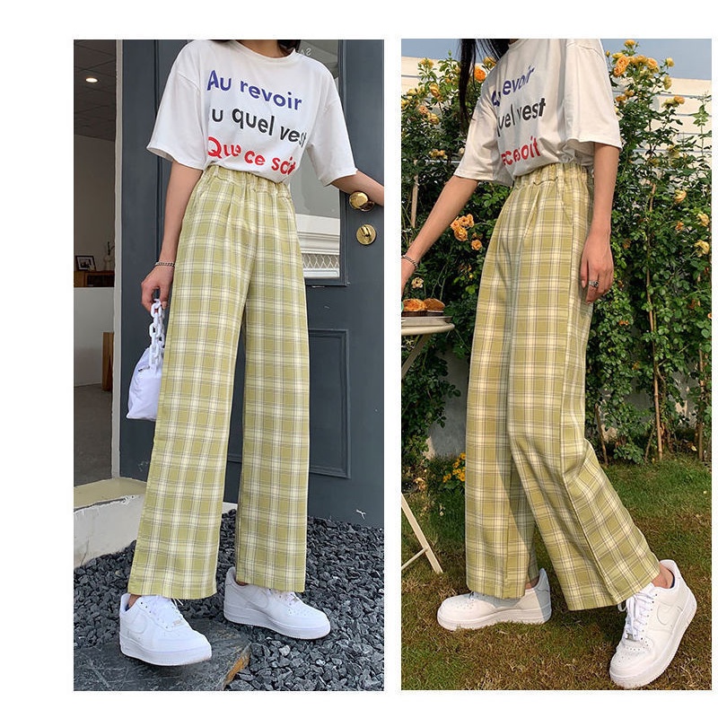 Quần Dài Ống Rộng Họa Tiết Caro Phong Cách Hàn Quốc Thời Trang Cho Nữ Size 37-82kg