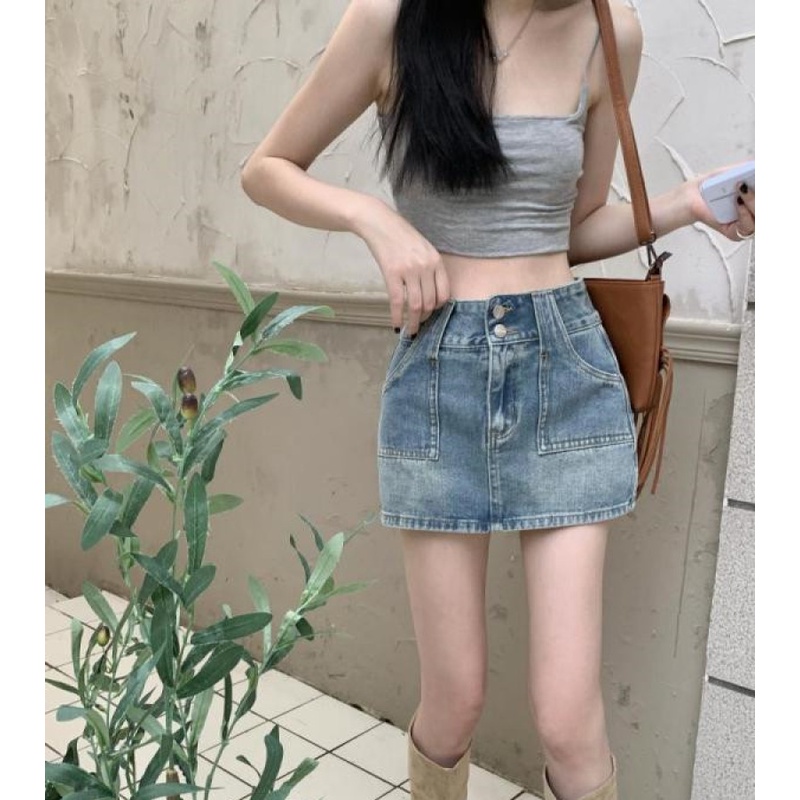 Chân Váy Jean Lưng Cao Cài Nút Đôi Phong Cách Retro Thời Trang Mùa Hè Cho Nữ