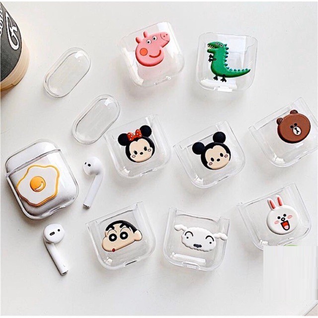 Tặng kèm móc treo - Case trong suốt in hình 9 mẫu cuteVỏ bao ốp Airpods silicon đựng tai nghe không dây 1 và 2