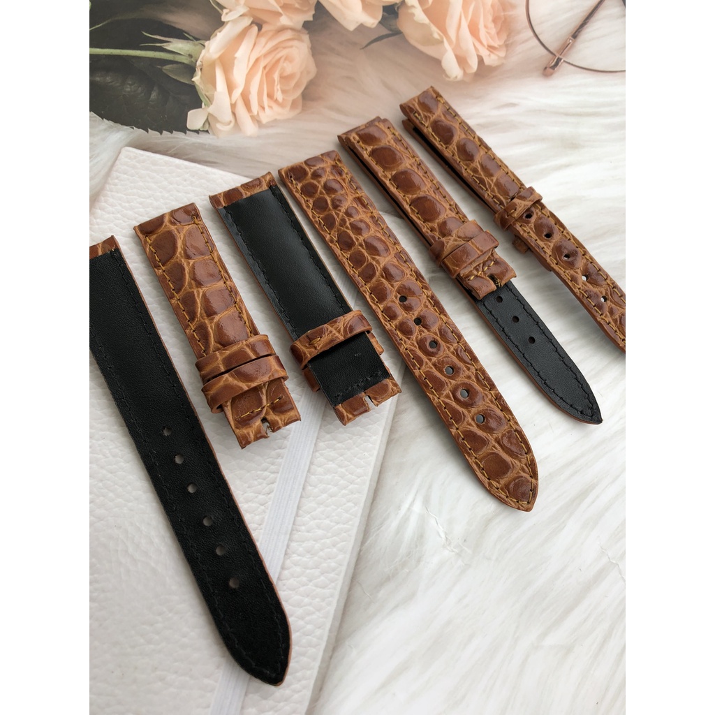 Dây Đồng Hồ Da Bò 100% Màu Nâu Vàng Vân Nhện Tặng Kèm Chốt Và Đồ Thay Dây