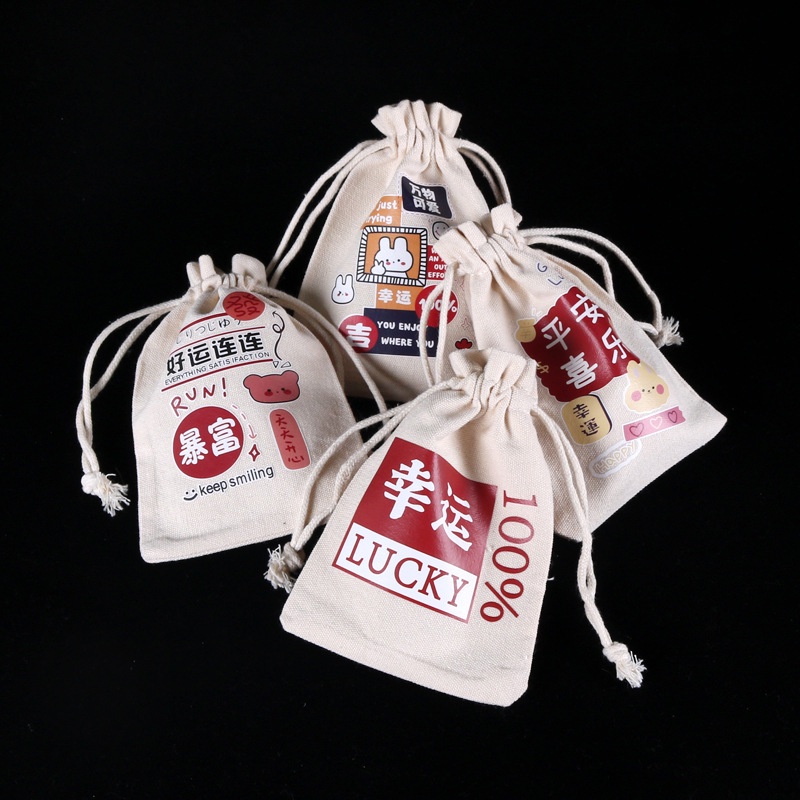 Túi vải canvas dây rút 10x14cm in hình dễ thương đựng quà, làm quà tặng, đựng trang sức, mỹ phẩm, băng vệ sinh