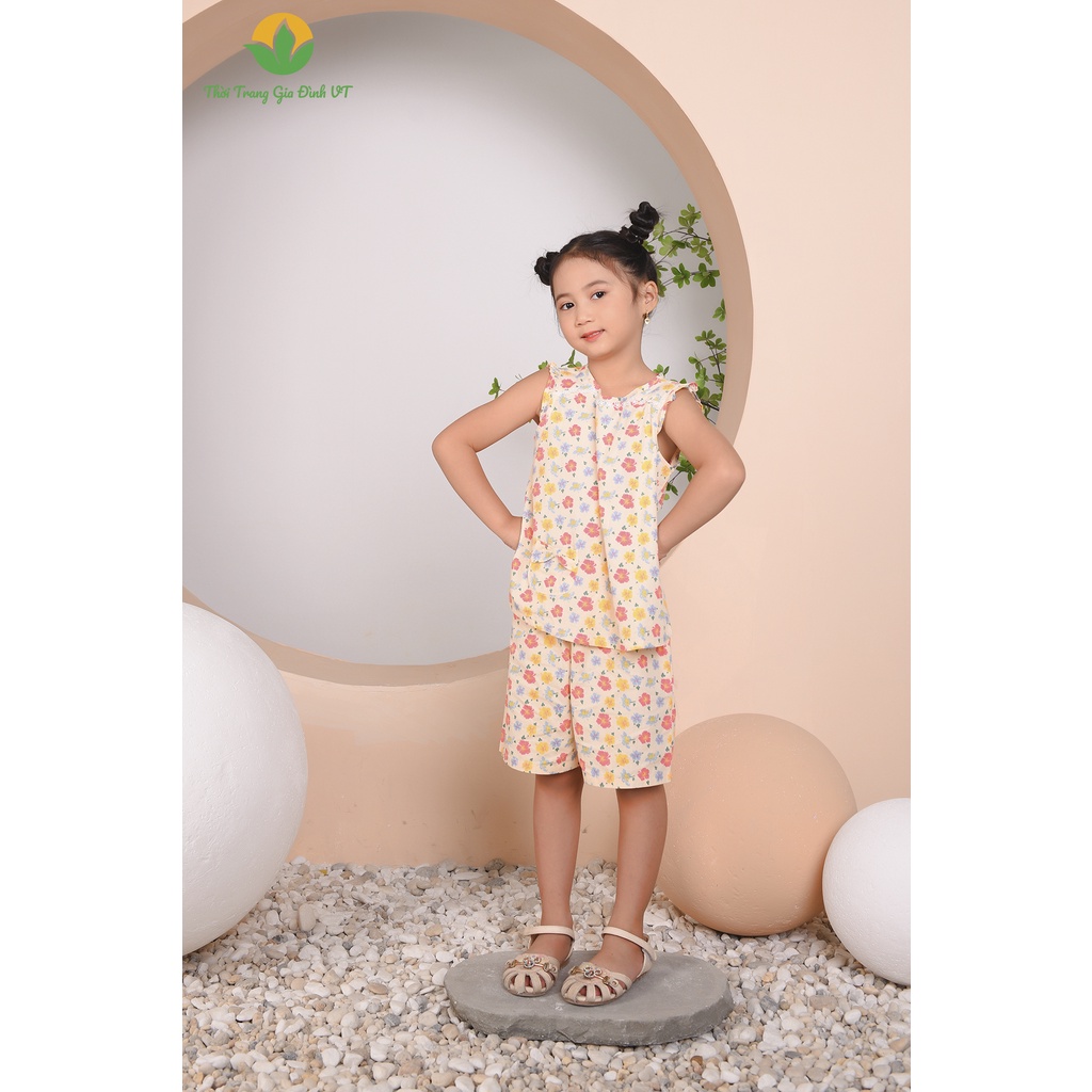 Bộ đồ cotton Việt Thắng quần đùi áo sát nách họa tiết bé gái B62.2212