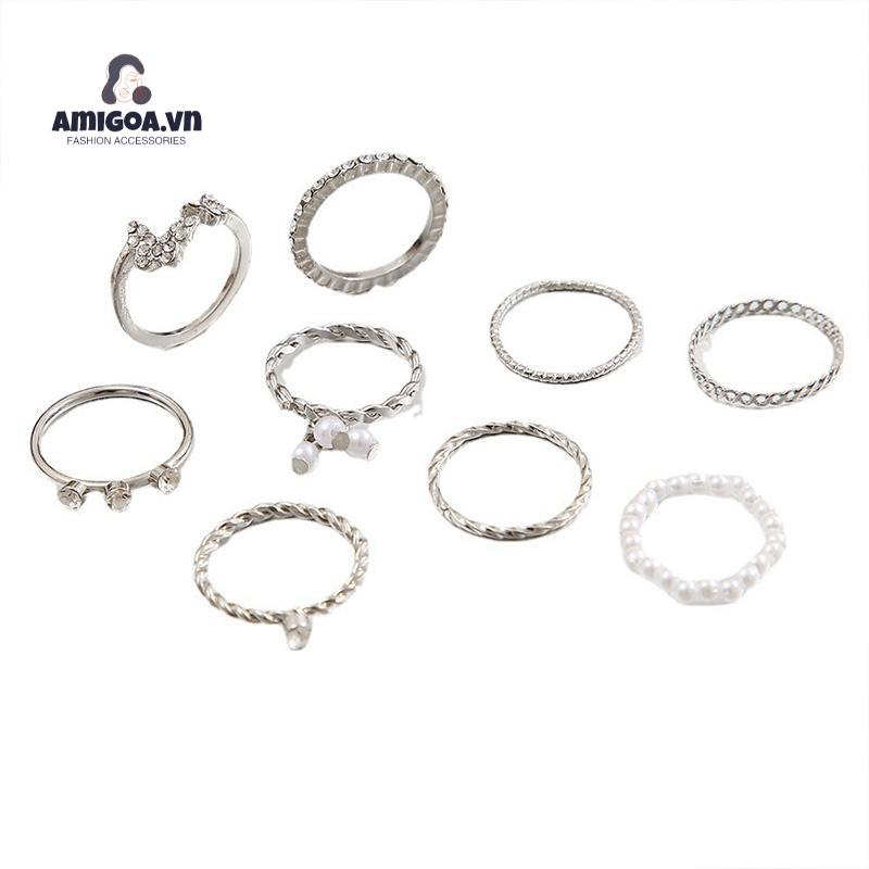 ✨✨Set 9 nhẫn bạc ngọc trai pha lê thanh lịch Bộ nhẫn mỏng rỗng cho nữ phụ kiện trang sức