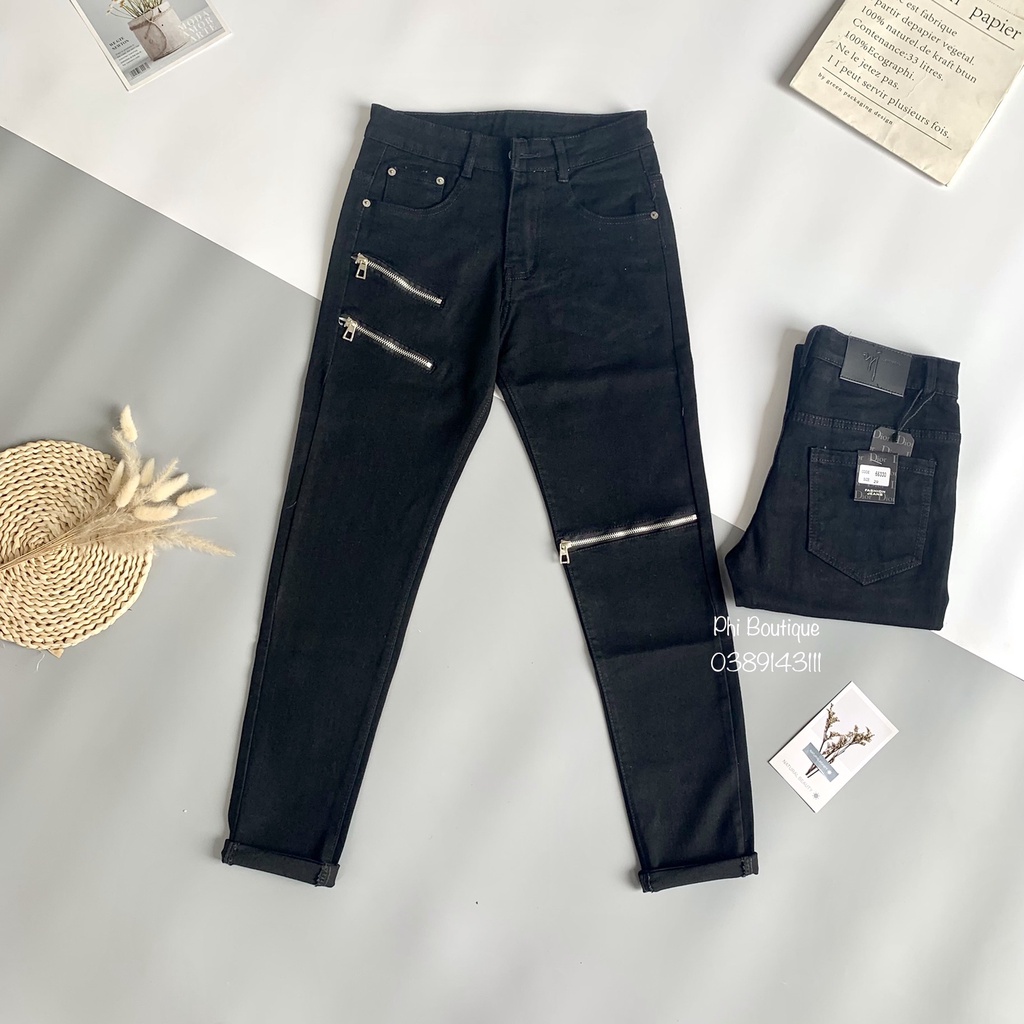 Quần jean bò nam Amiri slimfit đen rách xước thêu khoá zip đùi gối phong cách boy phố
