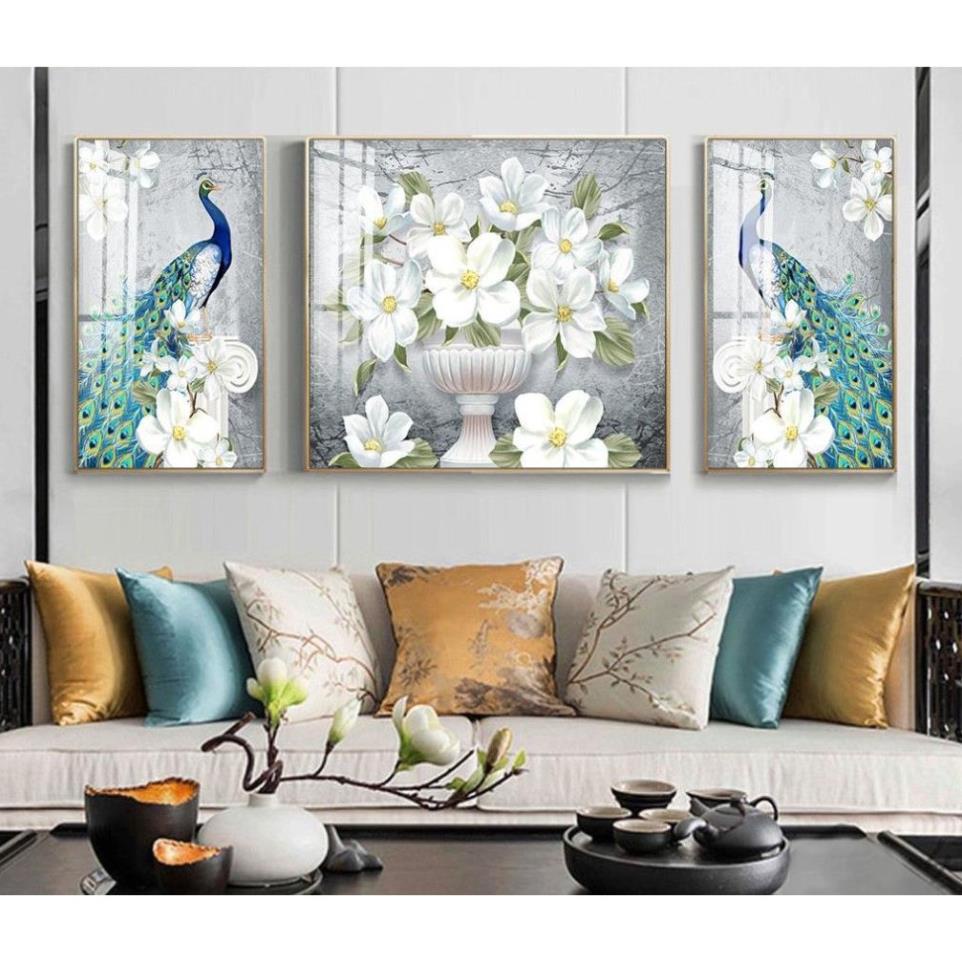 T42 Bộ 3 Tranh Tráng Gương Treo Tường Phòng Khách Hươu / nai Phú Quý / Phòng Ngủ Chim Công Và Bình Hoa