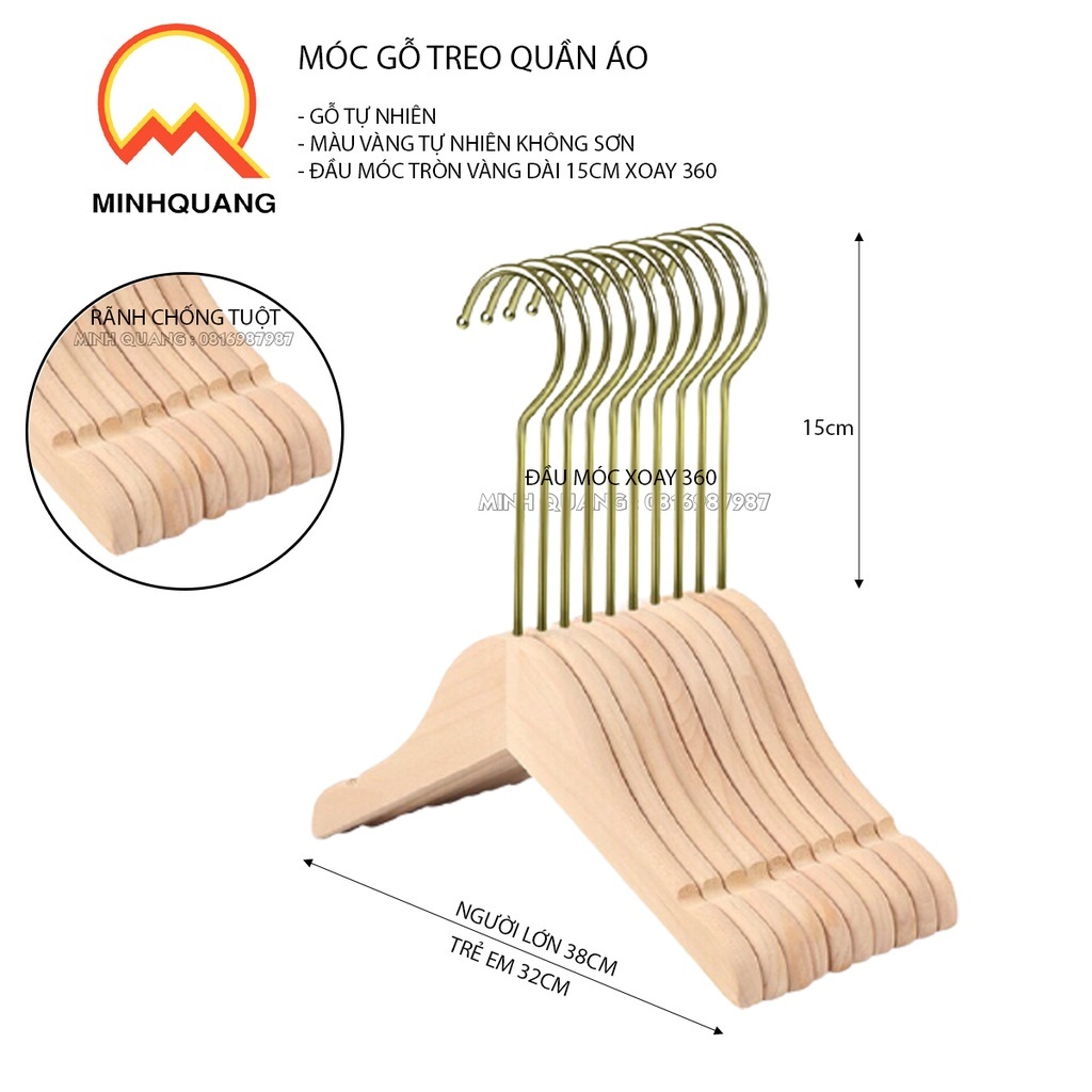 Móc treo quần áo bằng gỗ mộc đầu móc mạ vàng-2 size người lớn và trẻ em- Phù hợp shop thời trang, chụp ảnh live