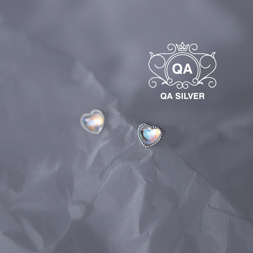Khuyên tai bạc 925 trái tim đính đá chốt bi vặn ánh xà cừ bông nụ nam nữ S925 HEART QA SILVER Earrings EA220402