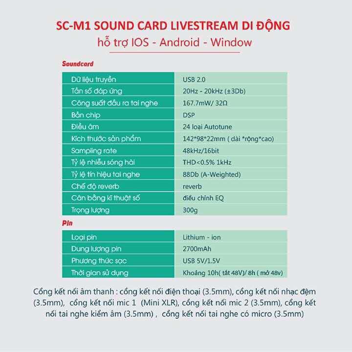 Sound card SC M1 có autu tune tích hợp pin dùng cho dòng mic 5V và 48V có hiển thị các đèn báo nút chính hãng
