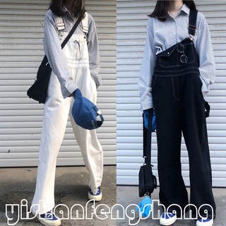 Phiên bản mùa thu Hàn Quốc Retro Time Line Jeans Quần yếm dáng rộng mỏng hơn Áo liền quần cạp cao Quần ống rộng Quần có thể điều chỉnh Quần rộng giảm tuổi All-Ma