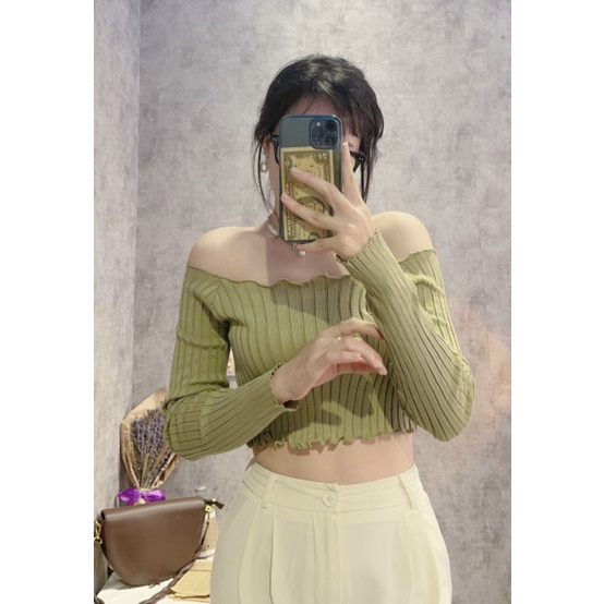 Áo len trễ vai bèo croptop hàng QC