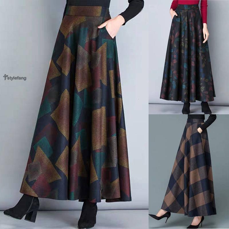 Fstylefang -Ladies Women Skirt Pleated Printed Swing Elastic High waist Loose Maxi