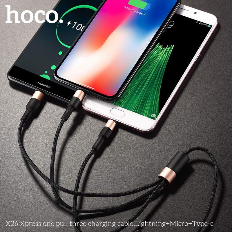 Cáp Sạc Nhanh Hoco X26 3 đầu linghtning, micro, typeC cho mọi loại máy Pin sạc dự phòng airpods i12  - Awifi Case H2-3