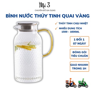 Bình đựng nước thủy tinh chịu nhiệt, ca thủy tinh quai vàng 1500ml