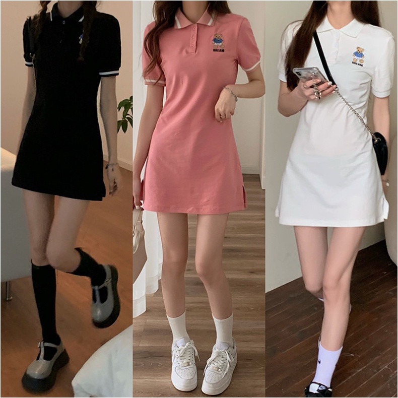 Đầm Nữ Polo Họa Tiết Gấu Thêu Cá Tính 🦋 Váy Body Nữ Dáng Ngắn Cộc Tay 3 Màu 🦋