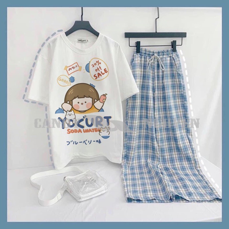 Sét áo em bé heng và yocurt +quần kẻ xanh, chất đẹp sét bộ mặc ở nhà - LEEDA MODY