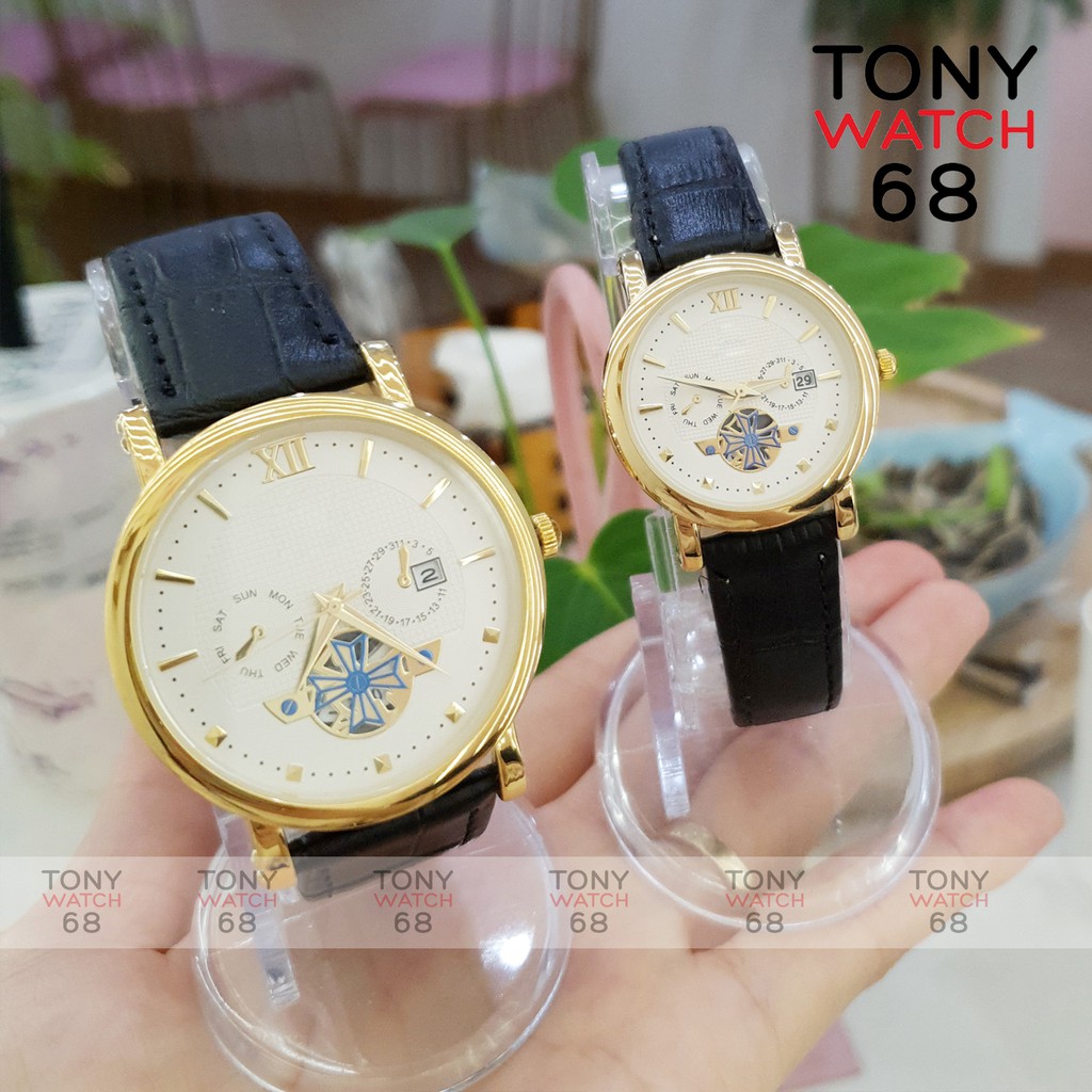 Đồng hồ cặp đôi nam nữ SL dây da viền vàng lộ máy chống nước chính hãng giá rẻ Tony Watch 68