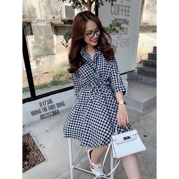 Đầm Cổ Bẻ Caro Cột Eo
