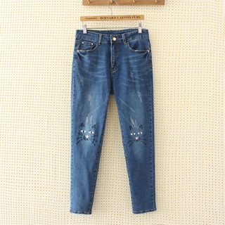 Quần jean big size skinny gối thêu mèo size lớn 70-80kg