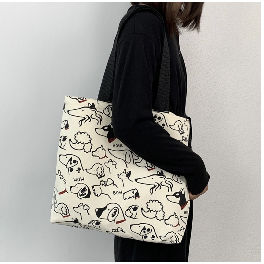 Túi tote túi vải canvas phong cách Hàn quốc, có khóa miệng, có ngăn phụ bên trong thời trang ulzzang