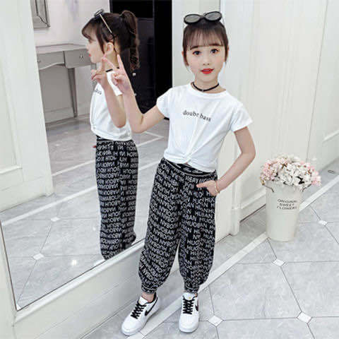 Korean Style Medium and Large Girls' Summer Clothing2020New Style Fashion Net Red Children's Suit Fashion Girl's Short Sleeve Two-Piece Set