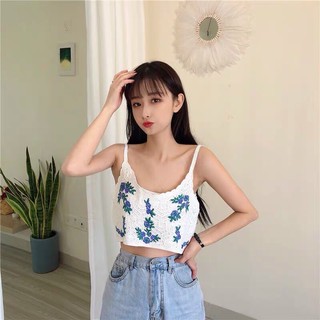 Áo 2 dây Len Thêu Hoa Dáng Ngắn