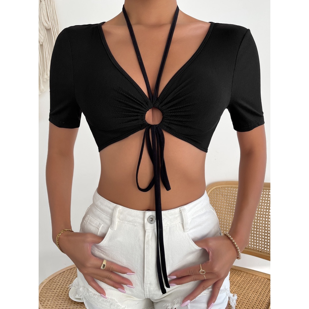 Áo croptop nữ HAGA áo ôm boby tay ngắn buộc eo - mút ngực BEMN47